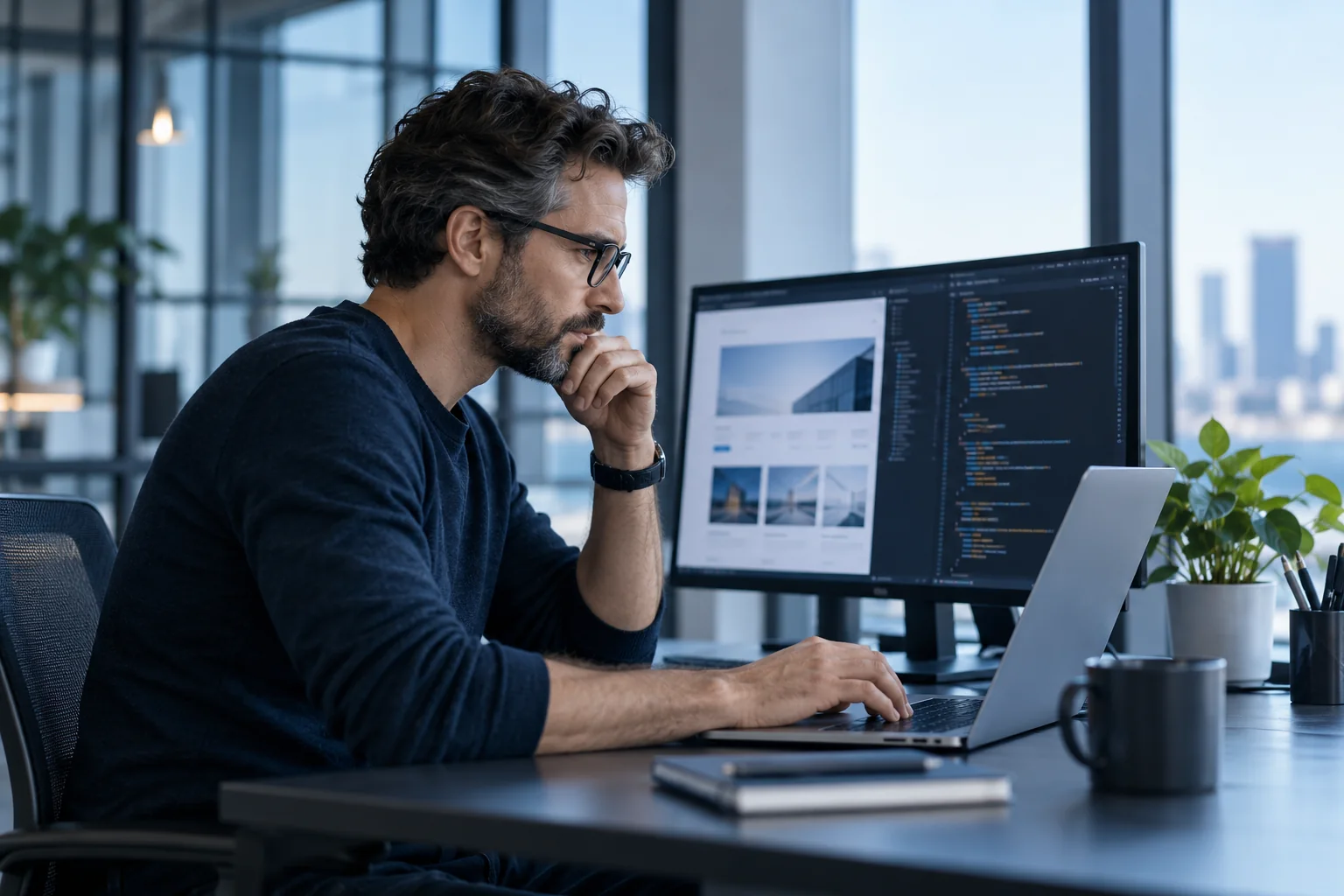 Software developer reviewing a web interface and code in a modern workspace