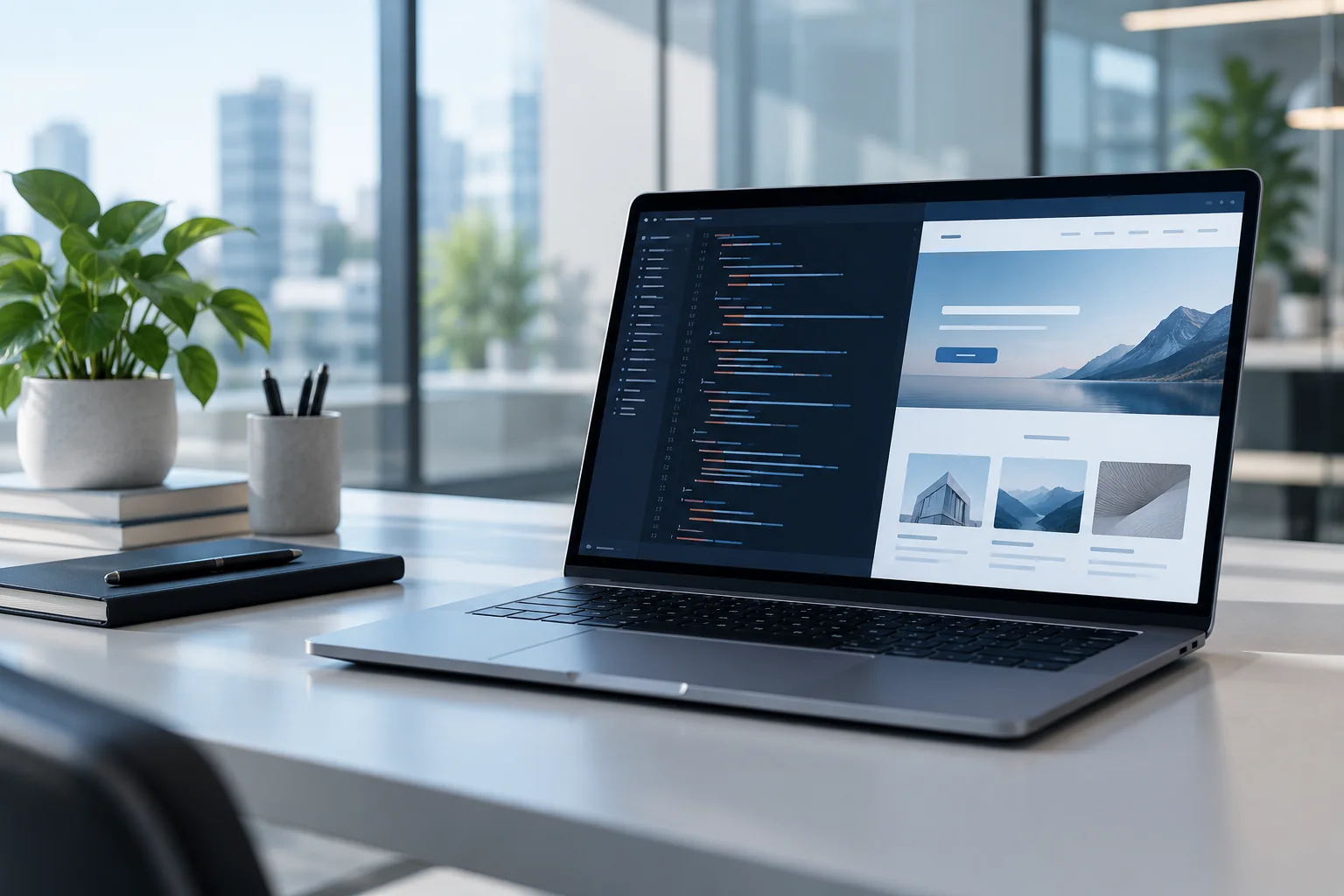 Laptop showing a web development workspace with code and a responsive interface preview